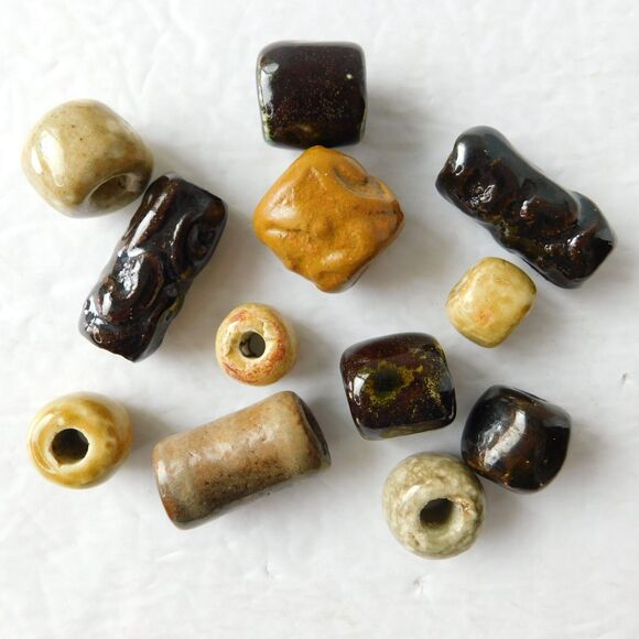 Vintage Macrame Beads Ceramic Handmade Lot fo 12 Rustic, Large Hole Glazed Clay - Picture 2 of 14
